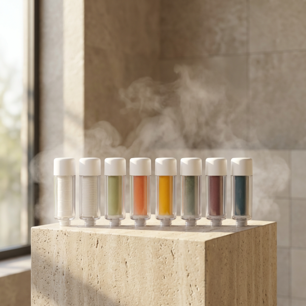 Coloured SUHAE Universal shower filter cartridges lined up on a stone plinth