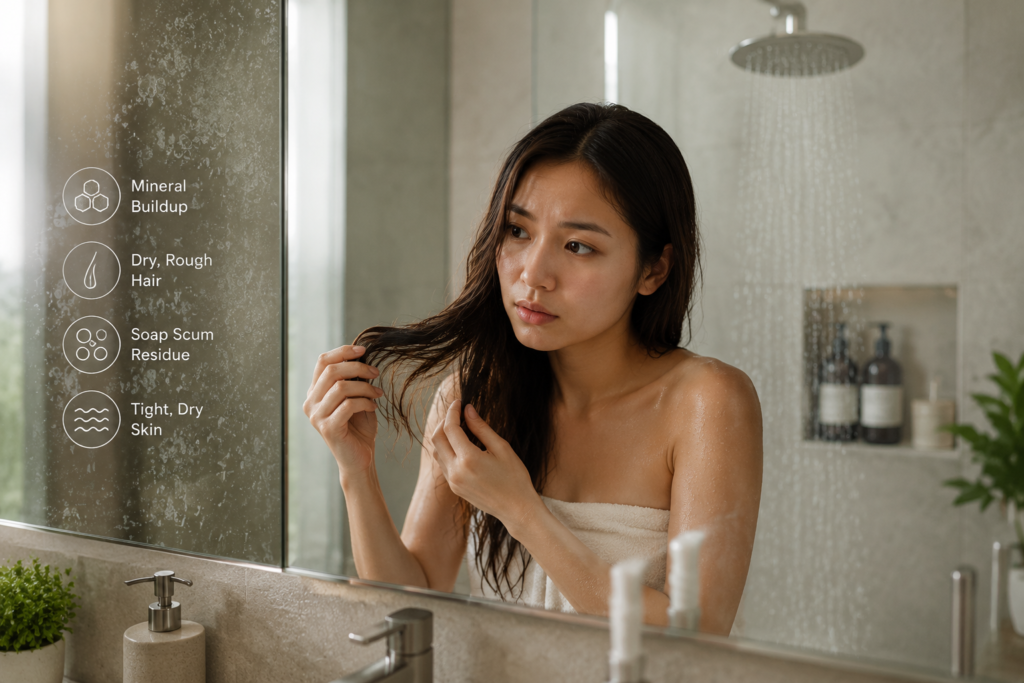 Is Singapore water hard or soft: woman checking her hair after showering beside a glass shower door with water marks