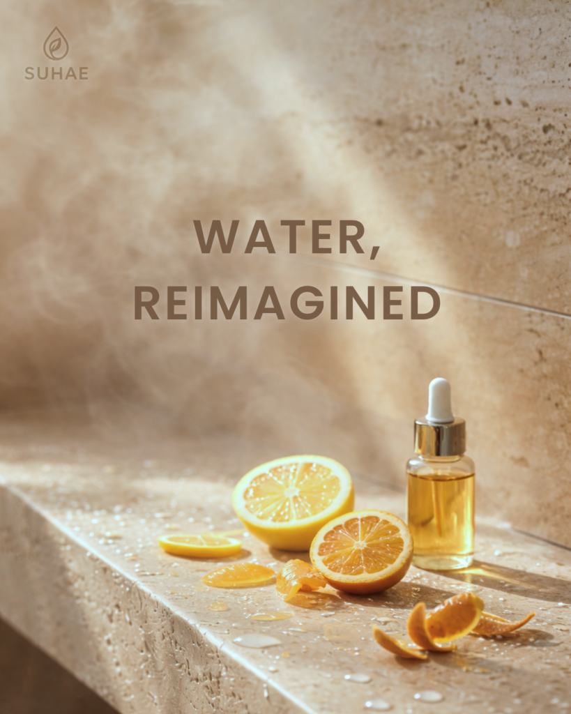 SUHAE vitamin C serum bottle with fresh orange and lemon slices on a travertine shower bench
