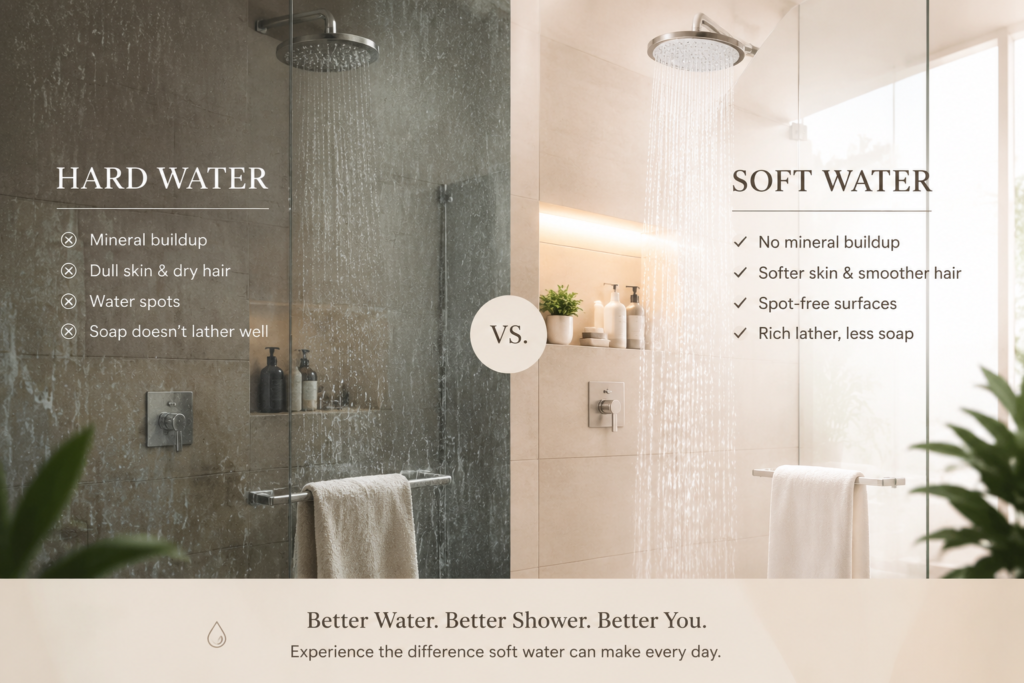 Hard water causing mineral deposits on shower glass