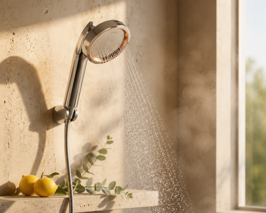 SUHAE Radiance hand shower featuring a sleek chrome design and refreshing water flow