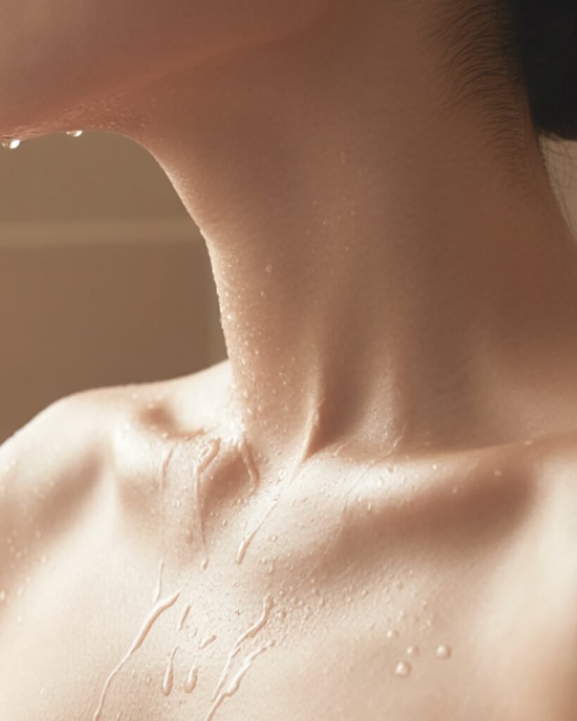 Close-up of water droplets running down a person's neck and shoulder during a shower