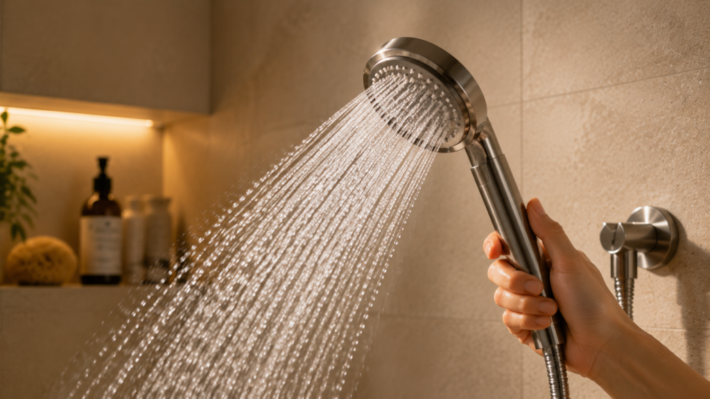Handheld shower head releasing gentle water flow for a calming and skin-friendly shower experience