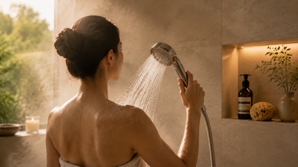 Person enjoying a relaxing shower with a handheld shower head in a warm minimalist bathroom.