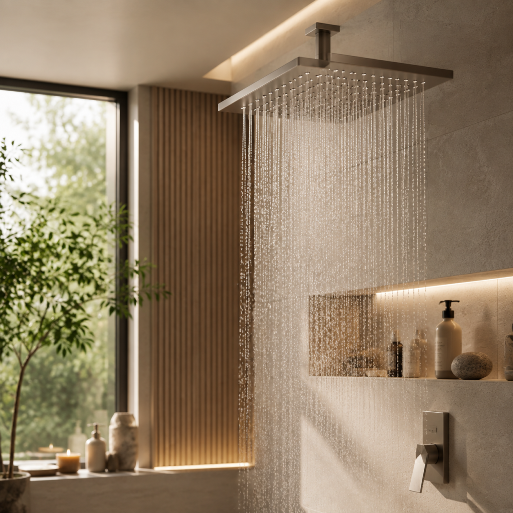 Ceiling-mounted rain shower running in a warm minimalist bathroom