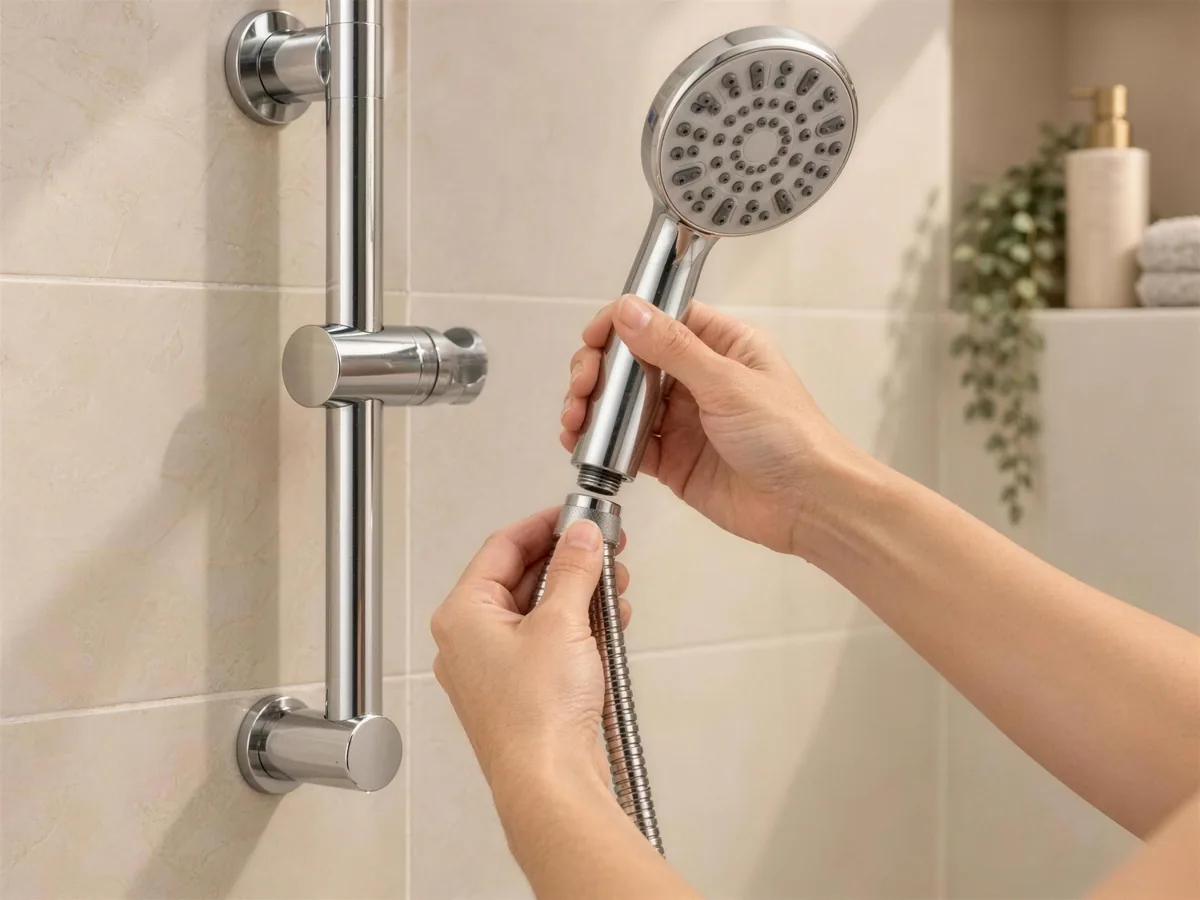 Hands unscrewing an old handshower from the flexible shower hose, by hand, no tools