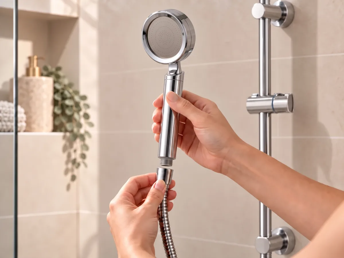 Hands screwing the SUHAE Nourish chrome handshower onto a standard flexible shower hose