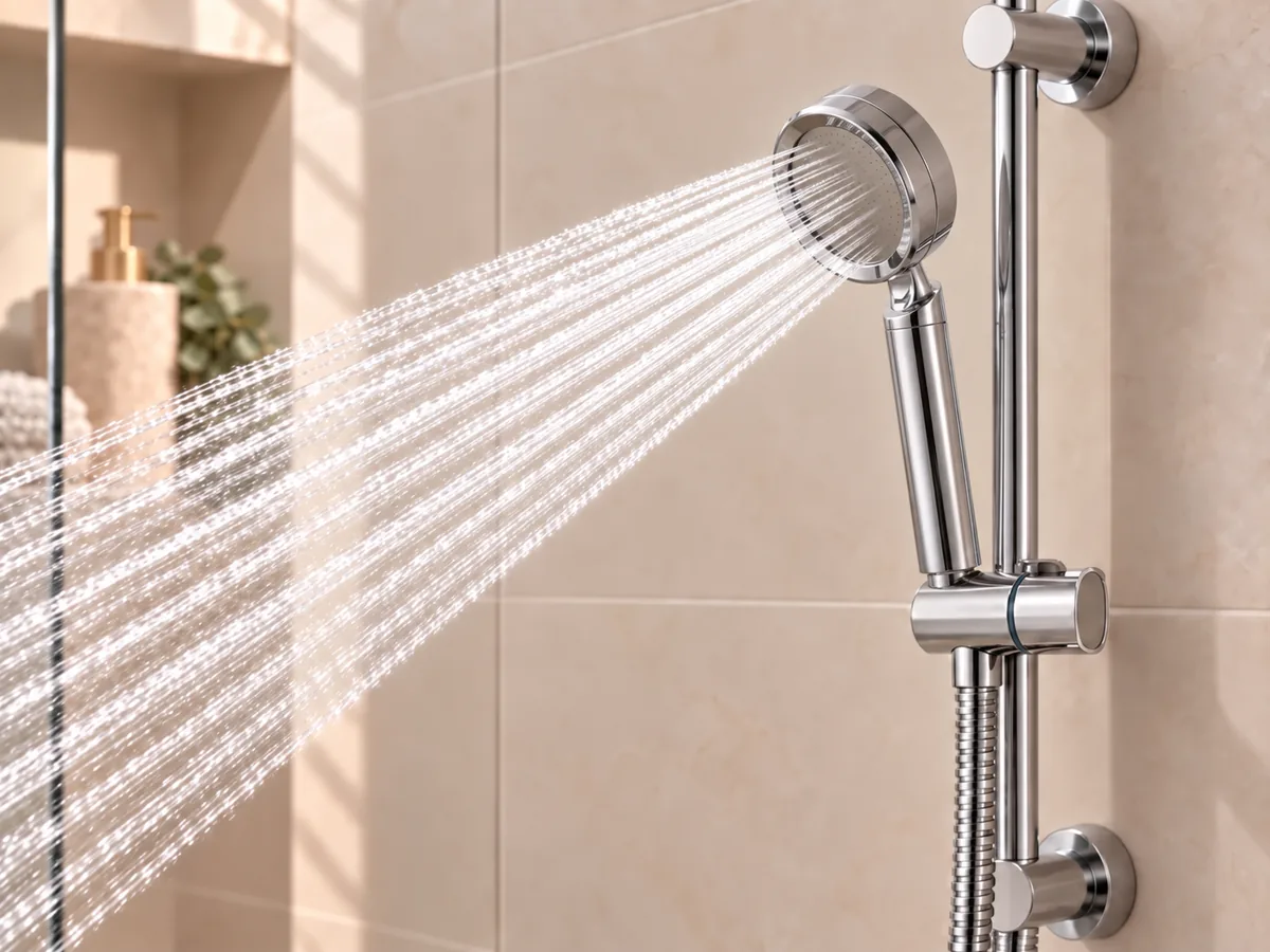 SUHAE Nourish handshower running in its rail cradle, a strong focused spray of fine streams