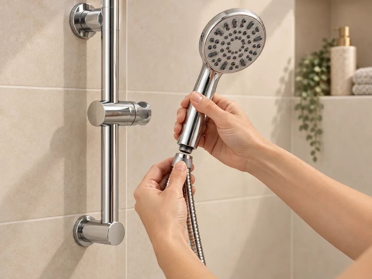 Hands unscrewing an old handshower from the flexible shower hose beside a shower rail, by hand, no tools