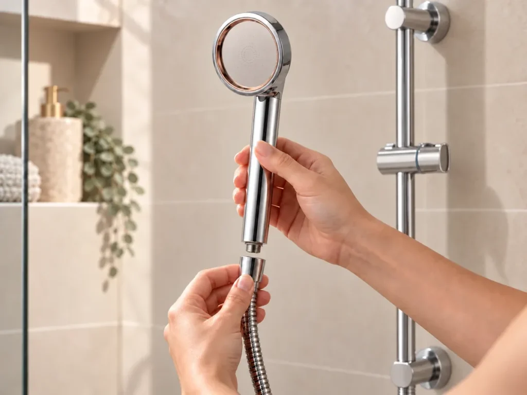 Hands screwing the SUHAE Radiance chrome handshower onto a standard flexible shower hose
