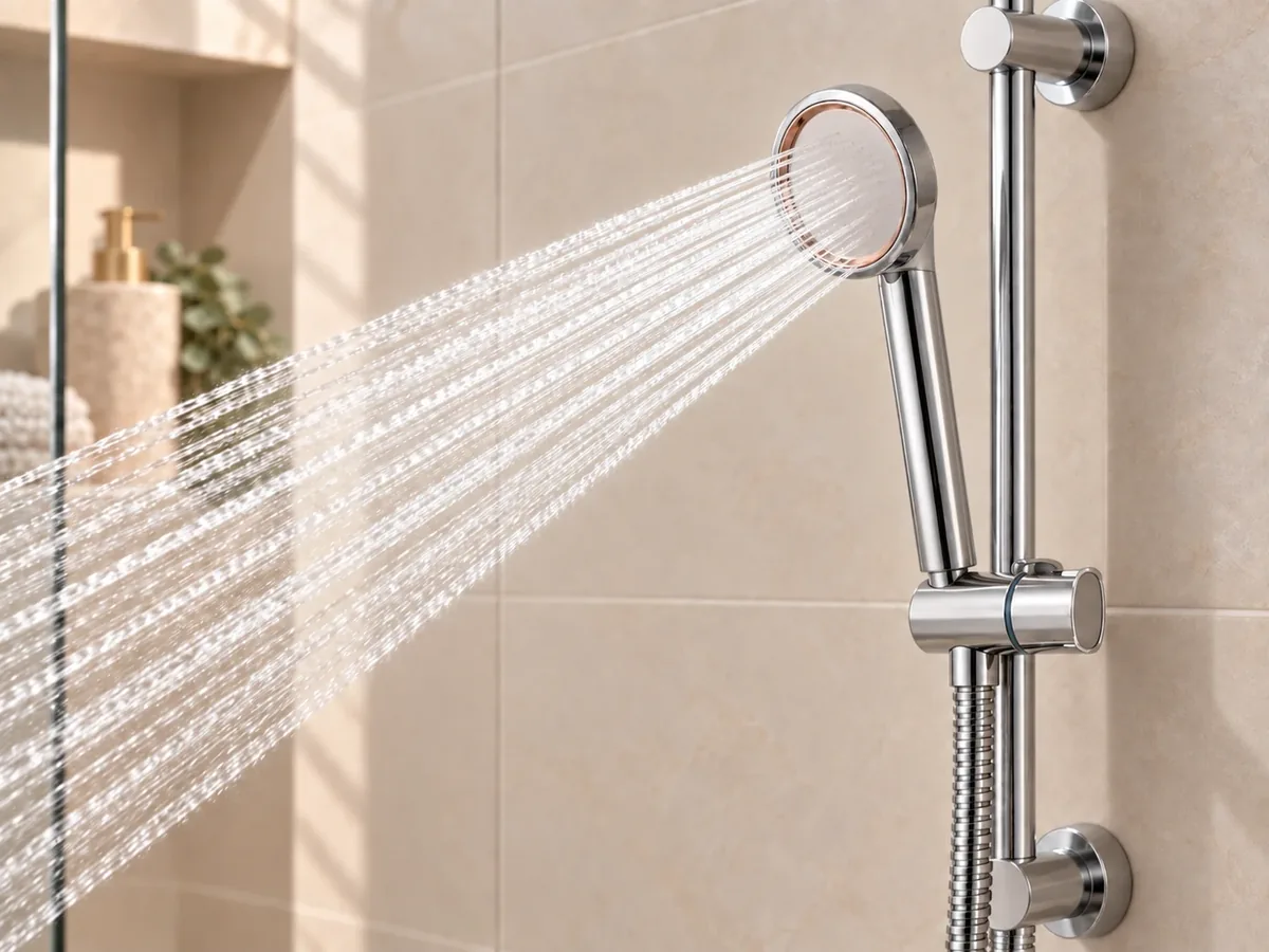SUHAE Radiance handshower running in its rail cradle, a strong focused spray of fine streams